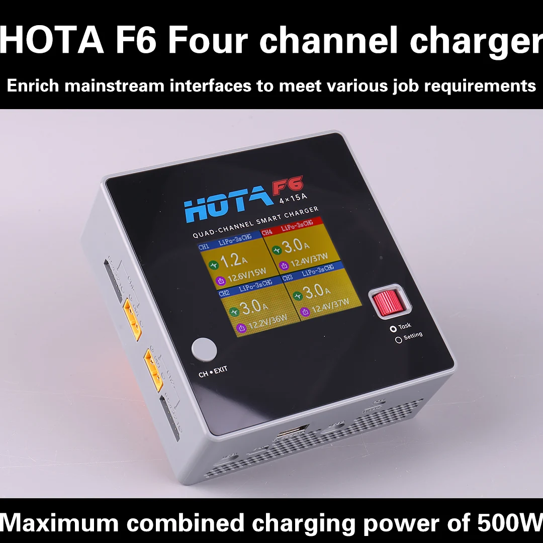 HOTA-F6 QUAD-Channel SMART Carregador, descarregador com USB, 4x15A, Lipo LiIon NiMH Lipo Bateria, 45W Tipo-C, Carga