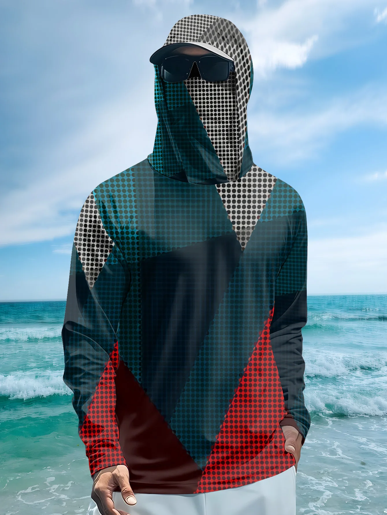 Men Hooded Fishing Shirt With Face Cover Marlin Fish Print UPF50+ Sun Protection Quick-Dry Breathable Outdoor Sports Tops