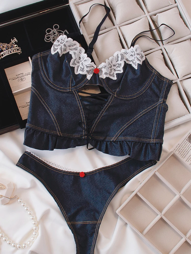 

Teenage sweet and spicy lingerie with briefs suit women large size underwear vintage denim camisole bra set