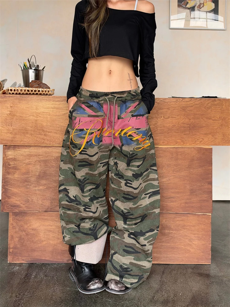 Women's Letter Embroidery Camouflage Pants Y2k Casual High Waisted Sweatpants 90s Women Bottoms Female Wide Leg Trousers