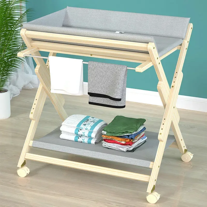 Solid Wood Foldable Changing Table, Multi-Functional Newborn Baby Care Massage Bath Station