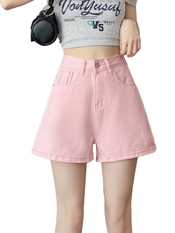 ハイウエストAラインデニムショートパンツ レディース 夏 薄手 ゆったり フェードエッジ カラーブロック ヒップアップ トレンド ホットパンツ ダーティーピンク