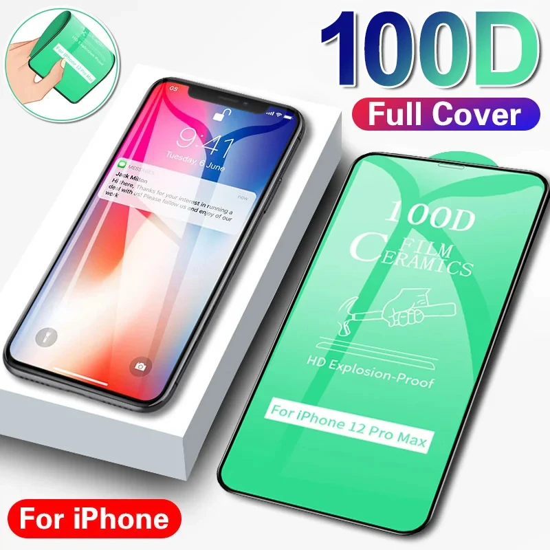 100D โค้งป้องกันสําหรับ iPhone 14 15 13 Pro XS Max X XR ป้องกันหน้าจอสําหรับ iPhone 6 6S 7 8 12 Plus SE กระจกนิรภัย