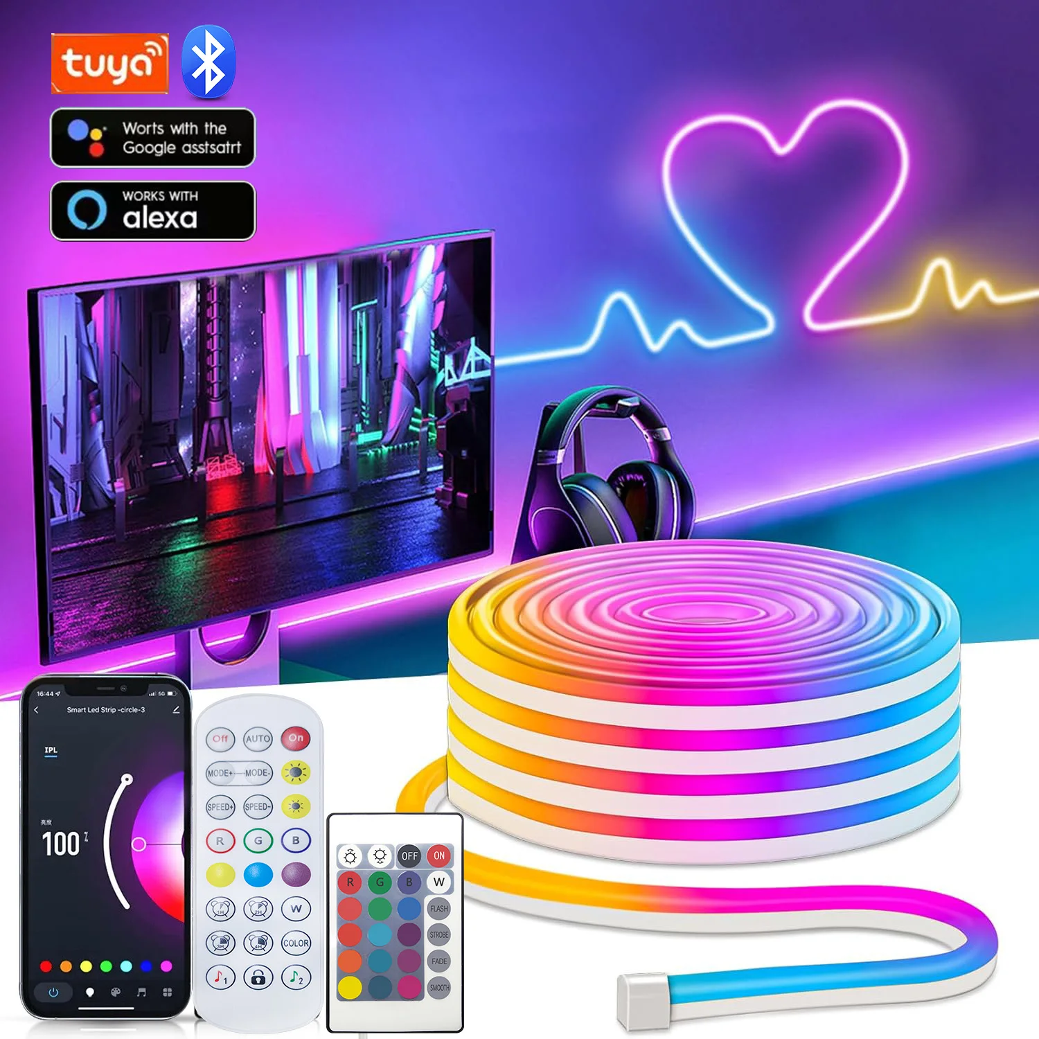 

Smart Neon Rope Lights USB 16.4Ft RGB LED Strip Lights Color Changing with APP Control Waterproof DIY Music Sync Flexible Tape