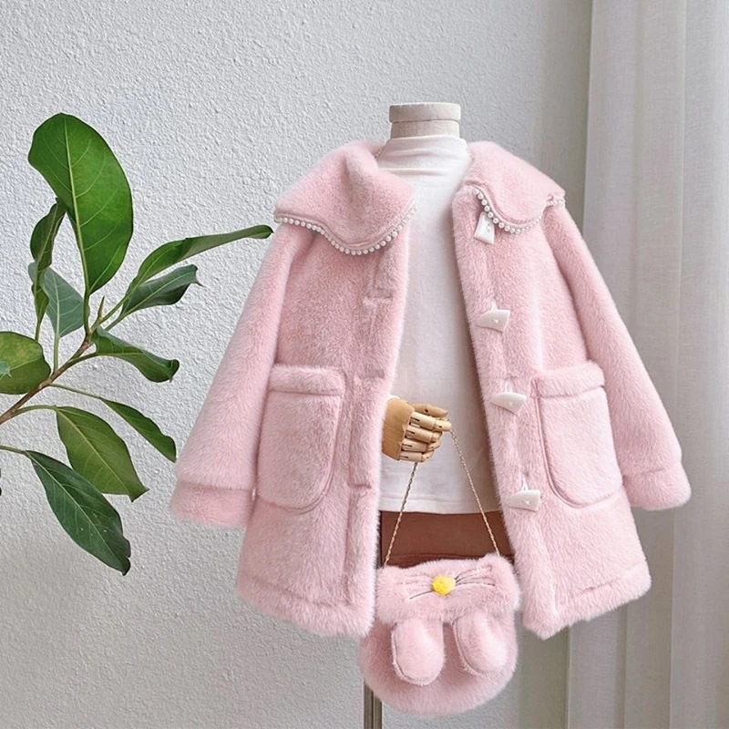 

New Fashion Spring Autumn Warm Faux Fur Coat For Girls Jacket Easter Cute Rabbit Plush Princess Outerwear 3-10 Year Kids Clothes