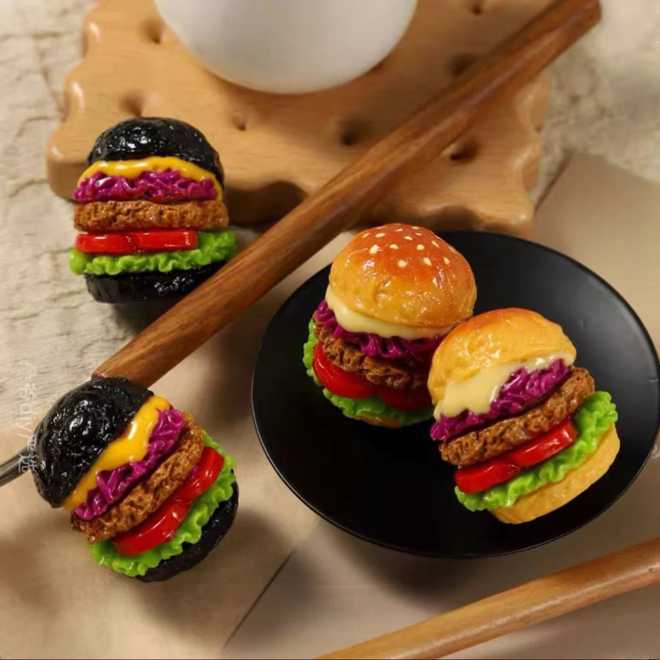 اليدوية ature الراتنج محاكاة Cr الجبن المواد زخرفة الزخرفية الأرجواني الملفوف ولحم البقر برغر لعبة الغذاء Accory #1