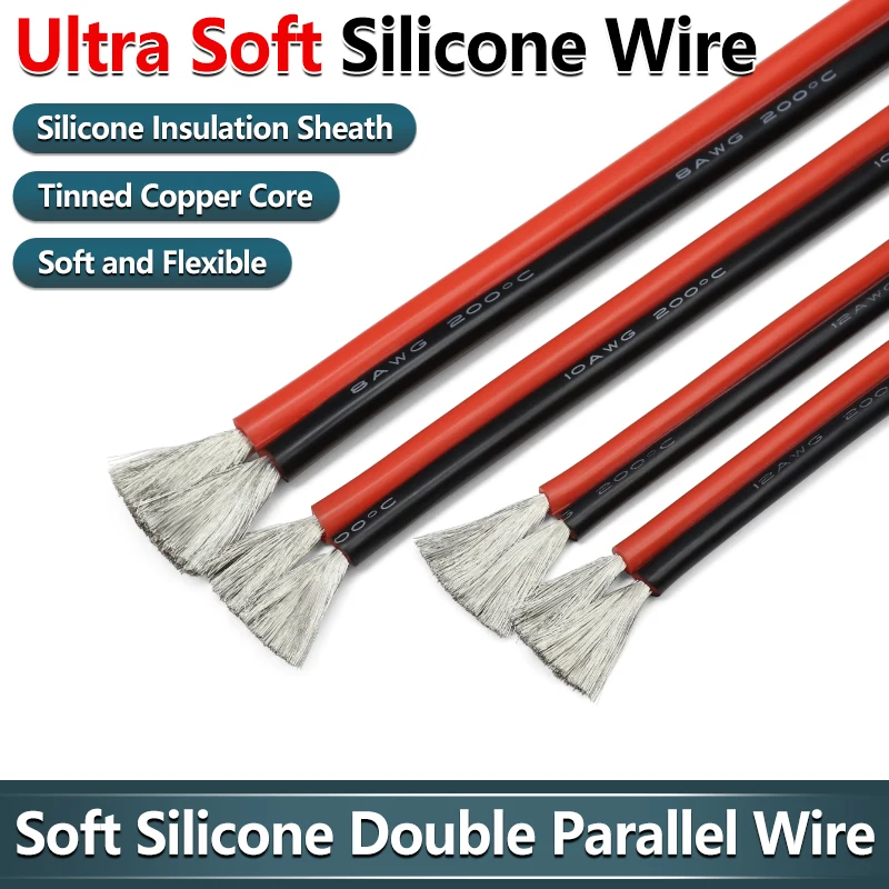 

1/5M Black/Red Soft Silicone Double Parallel Wire 30 28 26 24 22 20 18 16 14 12 10 8AWG Solar Panel Car Battery Flexible Cable