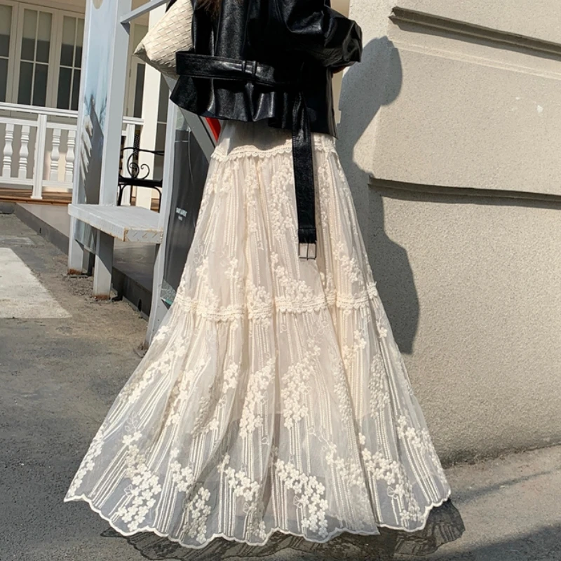 French Chic Mid Long Skirt Womens Crochet Lace Skirt Goth Lolita Spring Summer High Waisted Embroidery Ruffle Pleated Skirts rok