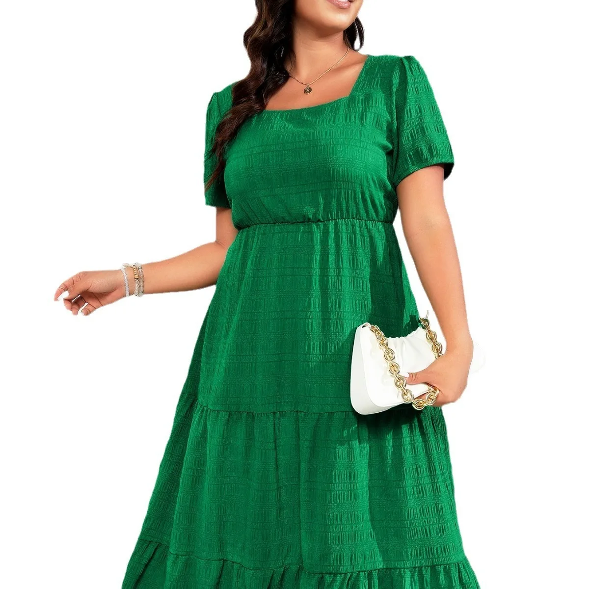 Ele plus Size Dres with kets ort Sve Square Collar Ba Gathered Women's Faion Cross-Border Gown