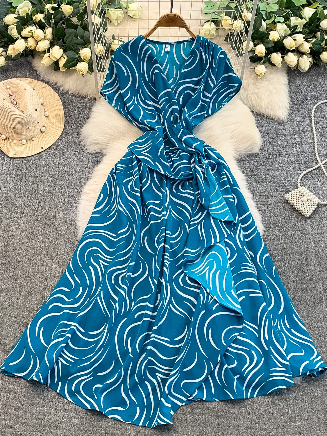 تنورة Ele Stripe Print V-Ne Dr للسيدات بتصميم حزام الخصر غير متماثلة طويلة Dr Commute Sle ort Sve على شكل حرف a