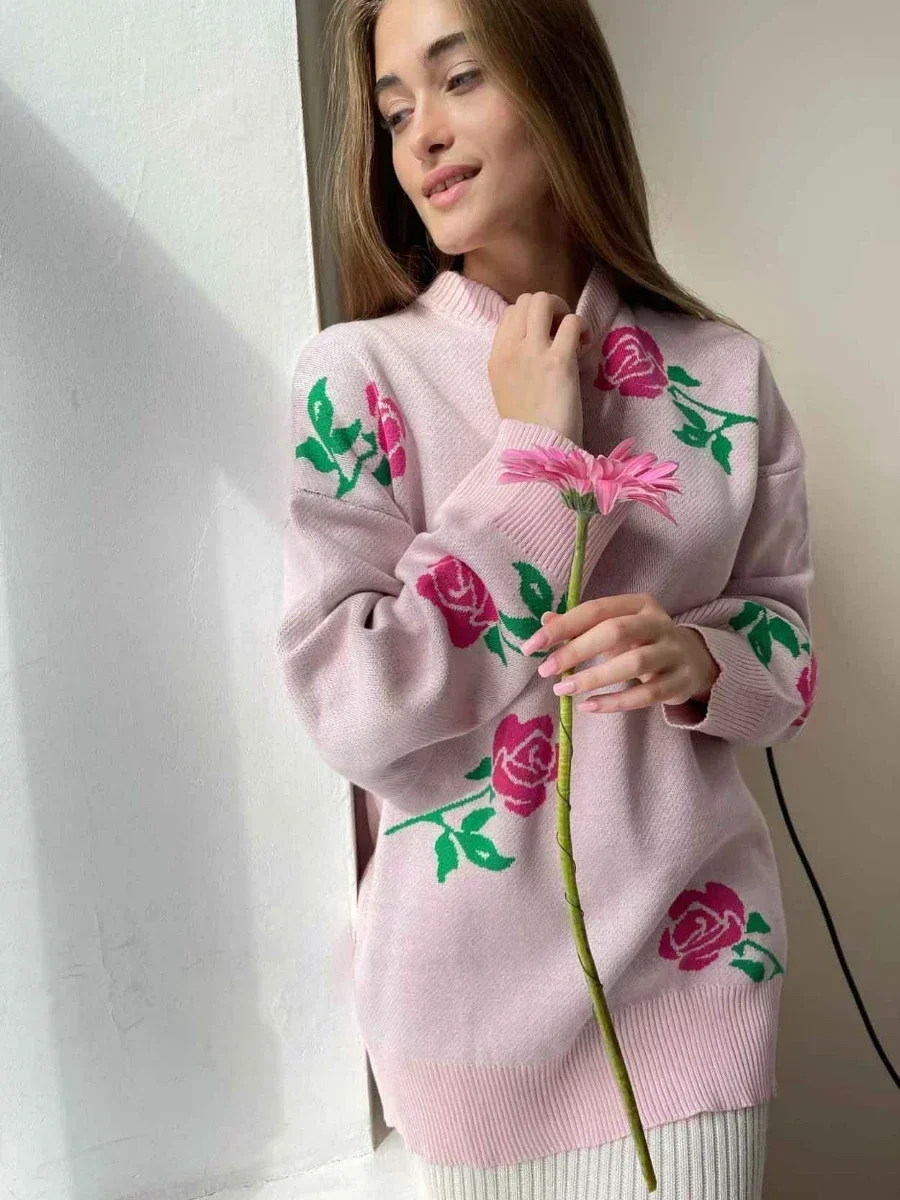 Bornladies Flower Print Fashion Sweater Women\'s Casual Loose Female Knitted Top Winter Thick Warm Oversized Knitted Pullover