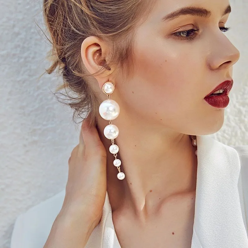 Trendy Elegant Created Big Simulated Pearl Long Earrings Pearls String Statement Stud Earrings for Women Wedding Party Gift