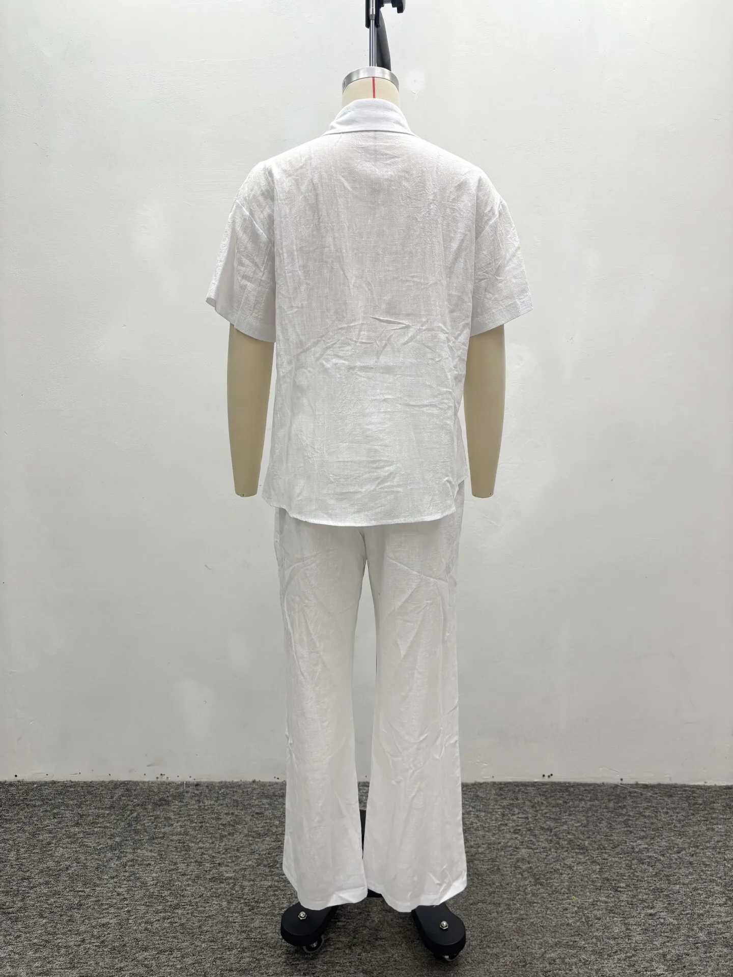 Roupa feminina manga curta gola virada para baixo elegante camisa de emagrecimento simples calças compridas de perna larga conjunto de duas peças para mulher