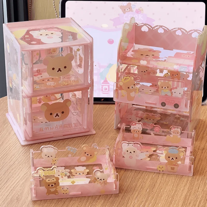 

Hot Acrylic Storage Box Desktop Assembling Cute Storage Pink Box Ornaments Rilakkuma Desktop Acrylic Decoration Box Gifts