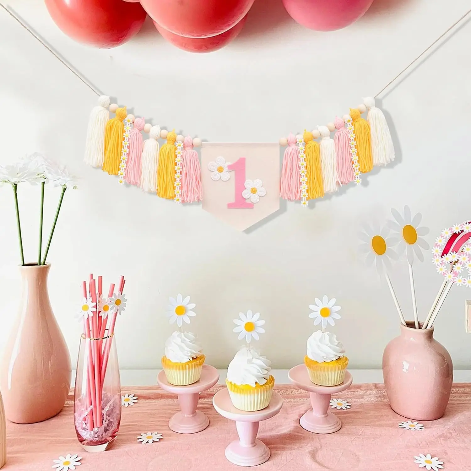 INS First Birthday Pink Daisy Highchair Banner Girl 1ST Party High Chair  White Flower Garland Backdrops Tassel Decoration