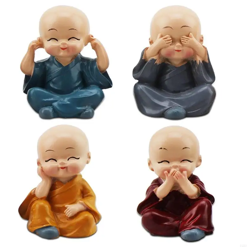 45BE 4 แพ็ค Little Monk Figurines Kung Fu Monk Sculpture สำหรับการตกแต่งแดชบอร์ดรถยนต์