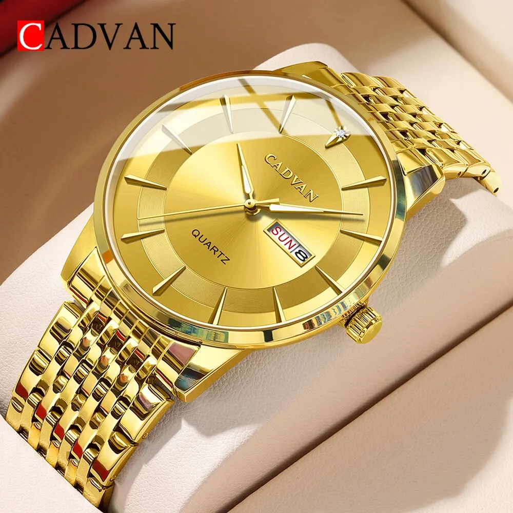 CADVAN-ساعة معصم من الفولاذ المقاوم للصدأ للرجال ، زر ضغط ، مشبك مخفي ، مقاوم للماء ، مضيء ، تاريخ أسبوع ، رياضة ، جودة عالية ، فاخر