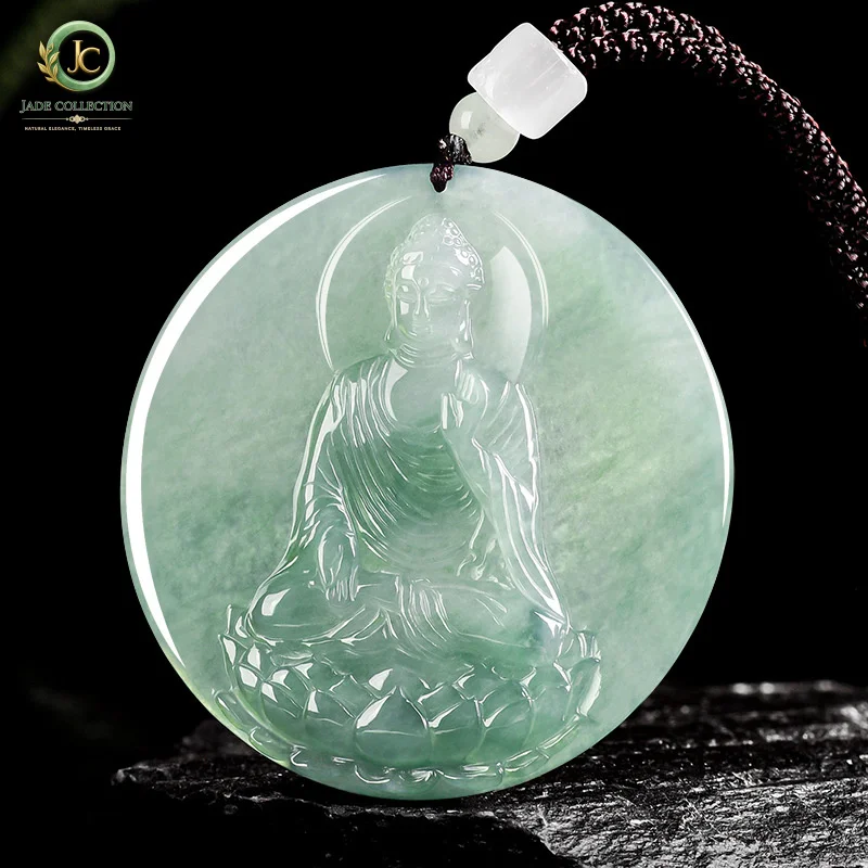 NaturalAGenuine Jadeite Oil Green Amitabha Pendant Zodiac Dog and Pig Guardian Deity Buddha Amulet for Men and Women