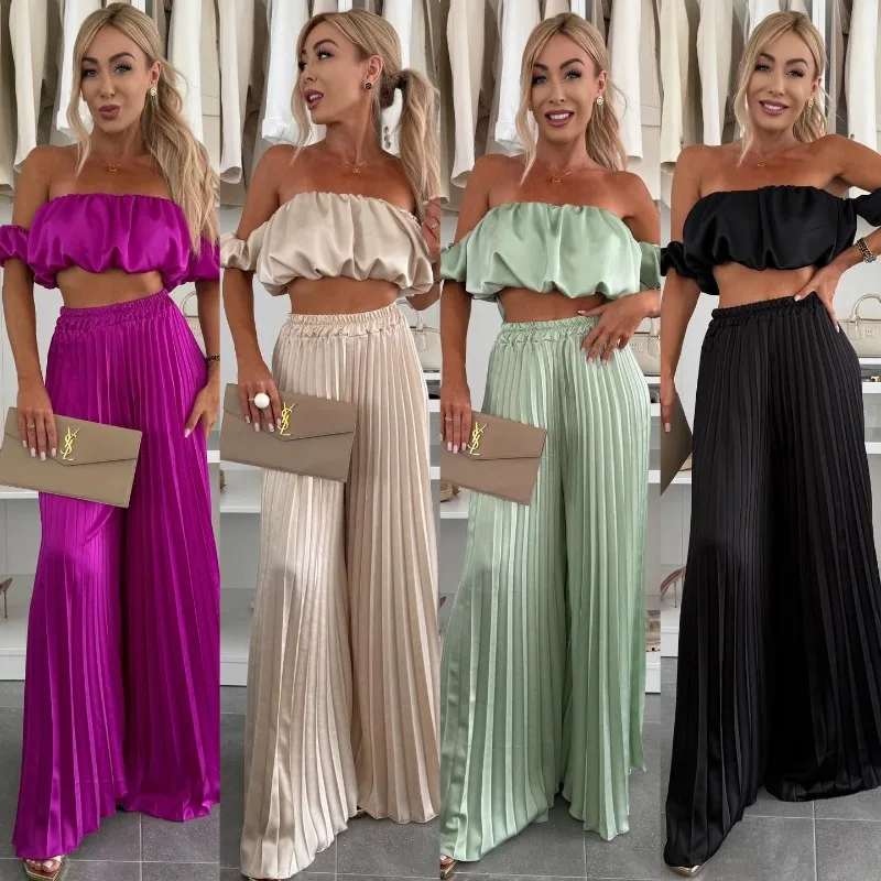 

Elegant Women Two Piece Set Loose Pleated Outfits Short Sleeve Off Shoulder Crop Top Shirt High Waist Wide Leg Trouser Suit