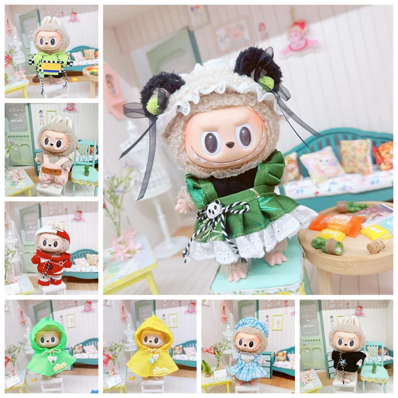 Bonito Mini Plush Doll Roupas para Meninas, 17cm, Outfit Acessórios, Coréia K-pop Exo Labubu Idol Dolls, Hoodie, Saia, Vestuário, Presente DIY