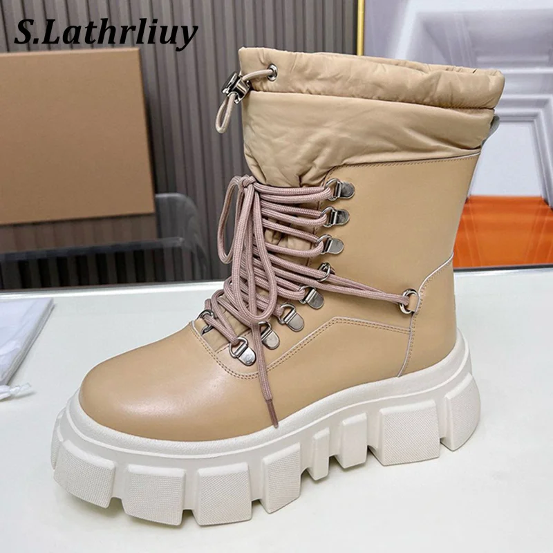 

Winter Down Snow Boots Women's Round Toe Real Wool Lining Warm Ankle Botas Flat Thick Sole Genuine Leather Lace Up Riding Boots