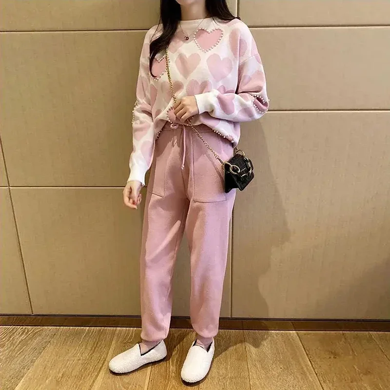 Love Printed Knit Two Peice Set Women Long Sleeve Sweater Pullover Tops Suits  Casual Jogger Pants Conjunto Knitwear Korean Sets