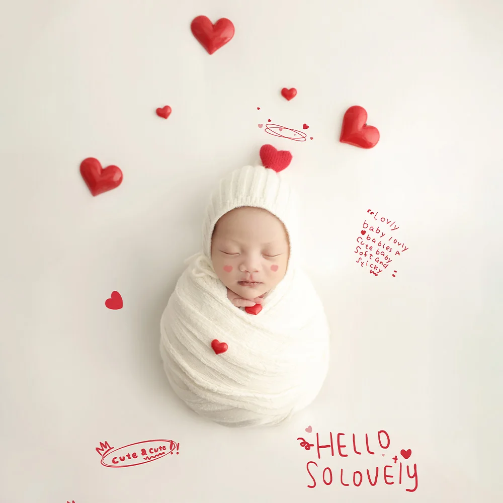 Newborn Photography Props Kit Baby Wrapping Cloth Knitted Hat Loving Heart Ornament Photo Studio Gift of Love Theme Shoot Props