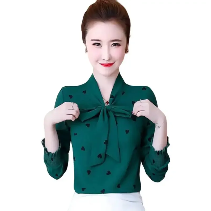 S-4XL بلوزة شيفون المرأة بأكمام طويلة جديد ربيع الخريف الكورية فضفاضة المناسب موضة طباعة قاع قميص