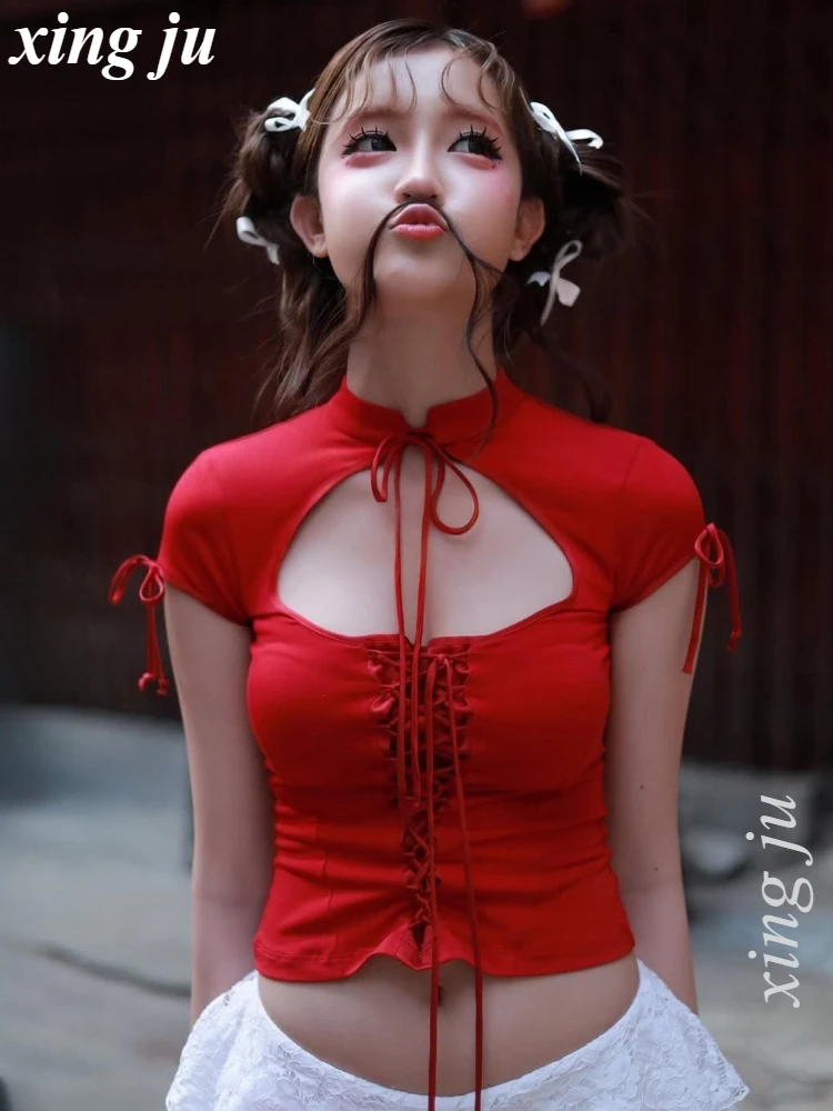 Kpop Summer Korean Singer Jennie Red Hollow-Out Round Neck Vest Sexy Lace-up Short Sleeve Crop Tops Jazz Dance Stage Costumes