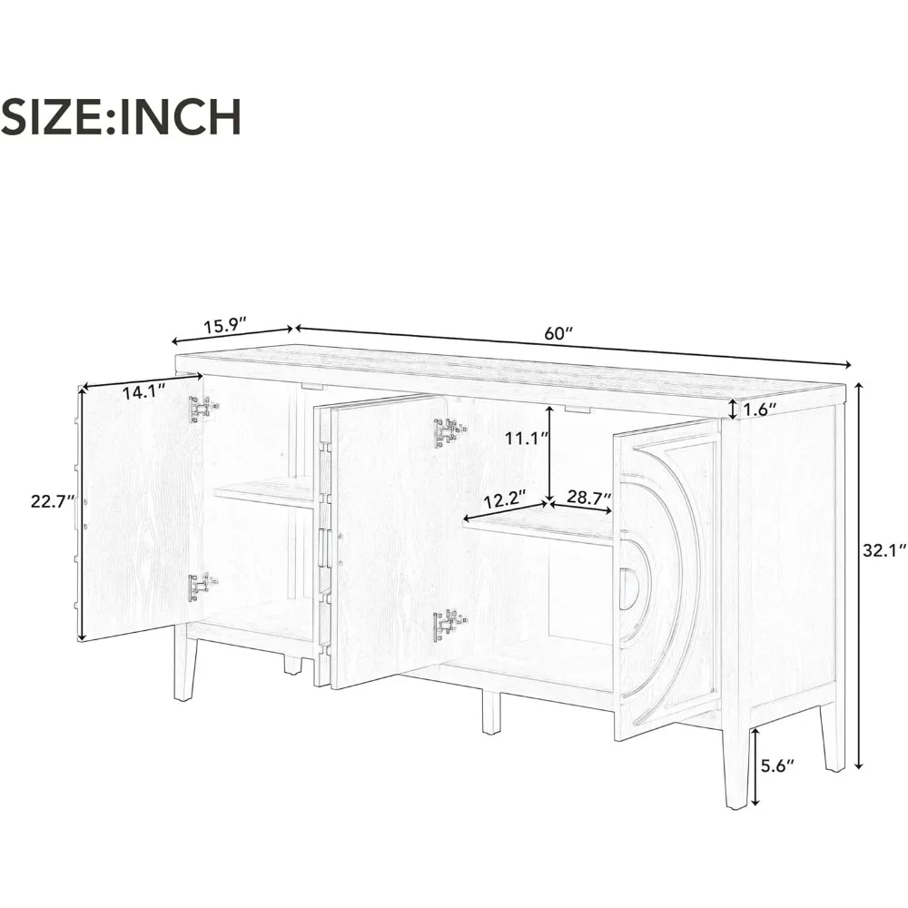 Sideboard-Buffetschrank, Küchen-Sideboard aus Holz mit 4 Türen, 60-Zoll-Sideboard-Konsolentisch mit Stauraum für das Wohnzimmer