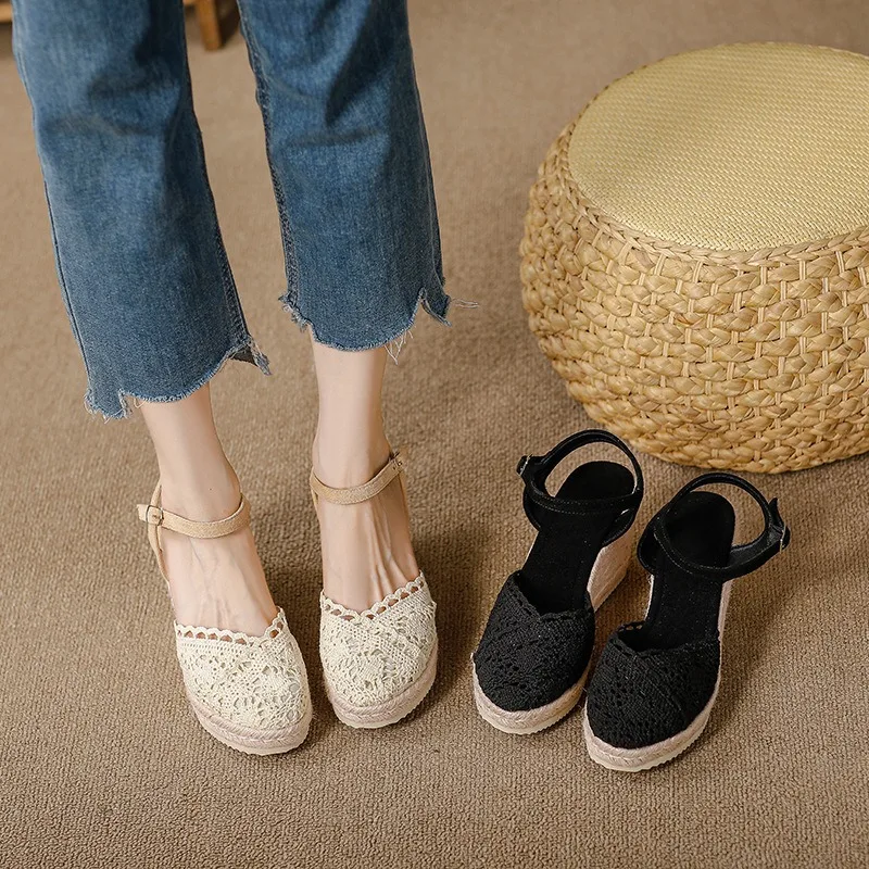 

Women Wedge Espadrille Sandals Closed Toe Hollow Out Lace Ankle Strap Platform Heels Comfortable Non-Slip Shoes for Shoes