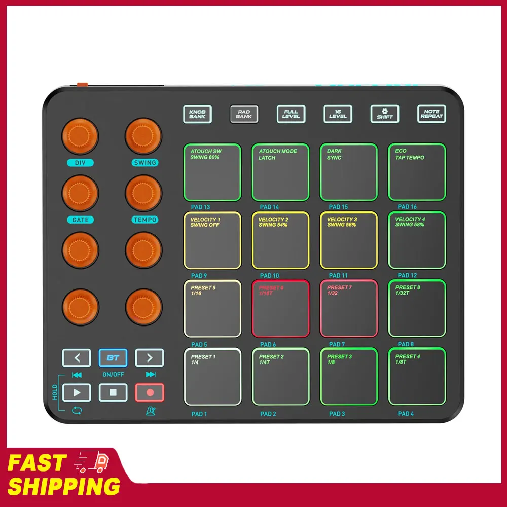 

MIDI-клавиатура с 16 RGB-пэдами, беспроводной MIDI-контроллер, 6 настраиваемых кнопок, 8 регуляторов, перезаряжаемая, для ПК и мобильных устройств