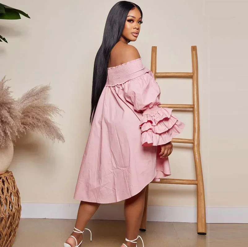 GUWU 오프 숄더 a 라인 섹시한 드레스 여성 우아한 슬래시 넥 프릴 플레어 슬리브 튜닉 셔츠 드레스 루즈 캐주얼 파티 드레스