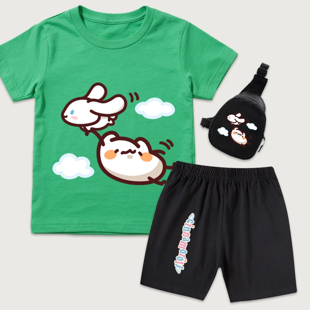 

Комплект из 3 предметов: футболка, шорты и мини-рюкзак с принтом Cinnamoroll Cloud Gathering для мальчиков и девочек, летняя детская одежда