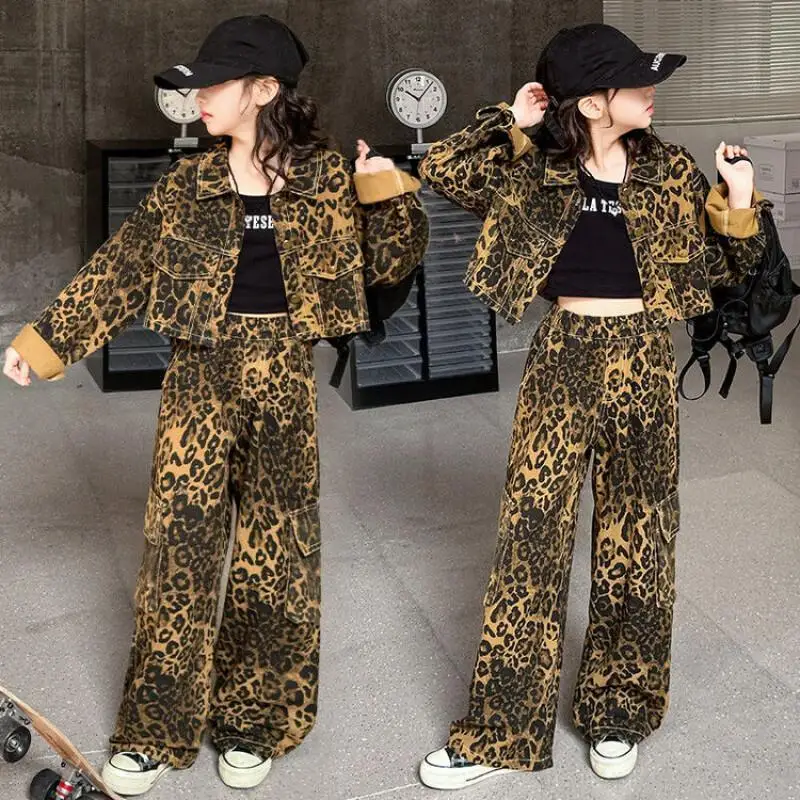 Spring and Autumn Children Clothes Girls Fashion Leopard Denim Jacket + Pants Kids Hip Hop Cargo Pants Loose Casual Streetwear
