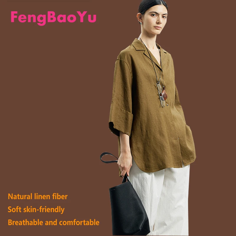 

Fengbaoyu High-end Linen Women's Shirt - Three-quarter Sleeve Collar Top - Loose Large Size - Comfortable Luxury Clothing