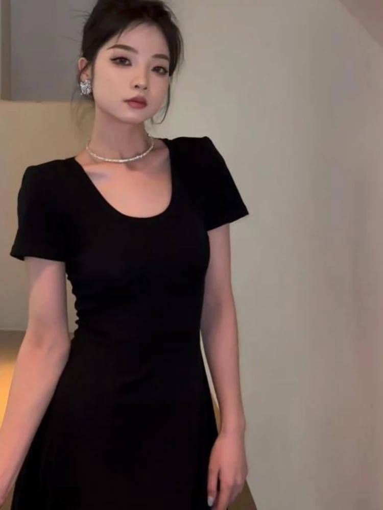 Black Backless Long Dresses Women Short Sleeve Summer Retro Defined Waist Solid Simple Korean Style Elegant Ladies Sundress BF