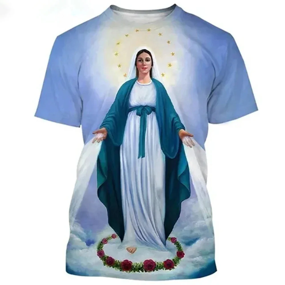 Summer Virgin Mary Print T-shirts For Men Harajuku Streetwear Short Sleeve Loose Tees Unisex Oversized Y2k Tops Clothing EU Size