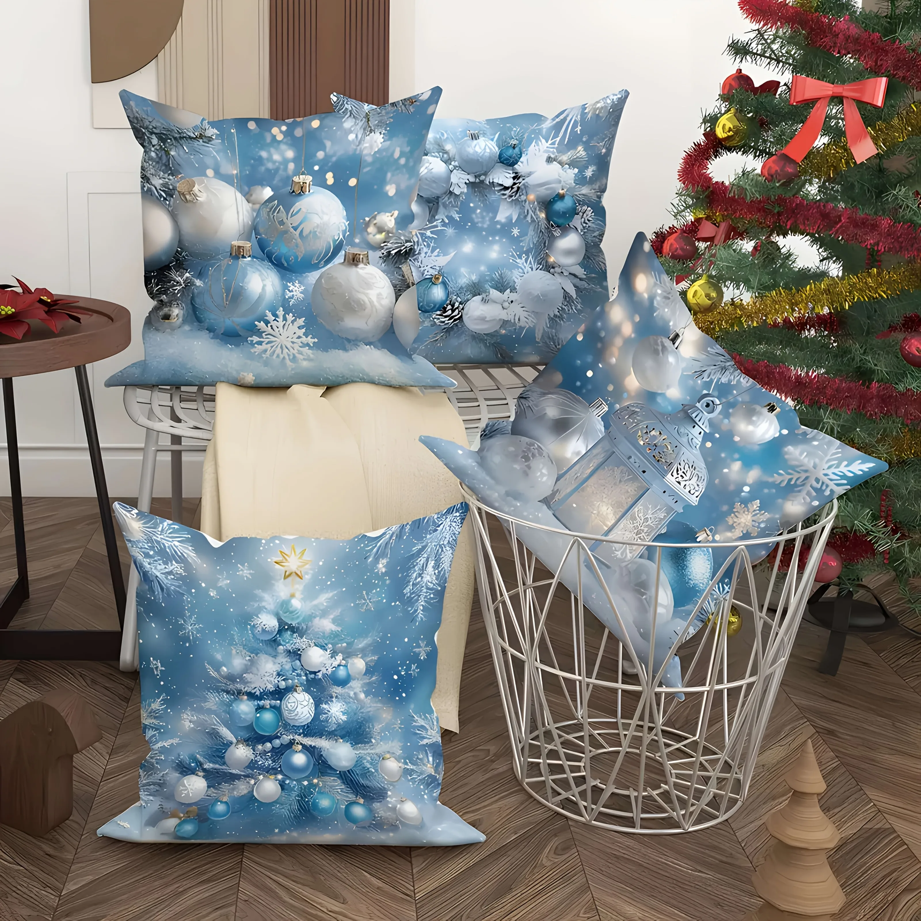 Funda de almohada con adorno navideño azul, funda de almohada festiva para decoración del hogar de invierno