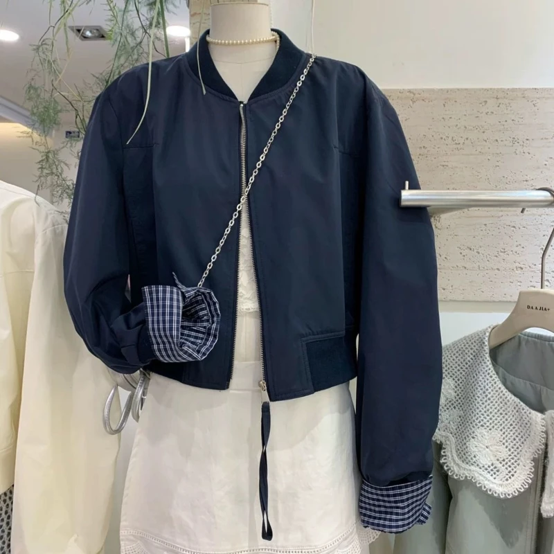 2025 New Arrival Women's Short Style Plaid With Stand Collar Loose Rolled Up Sleeves Spliced Design  Style