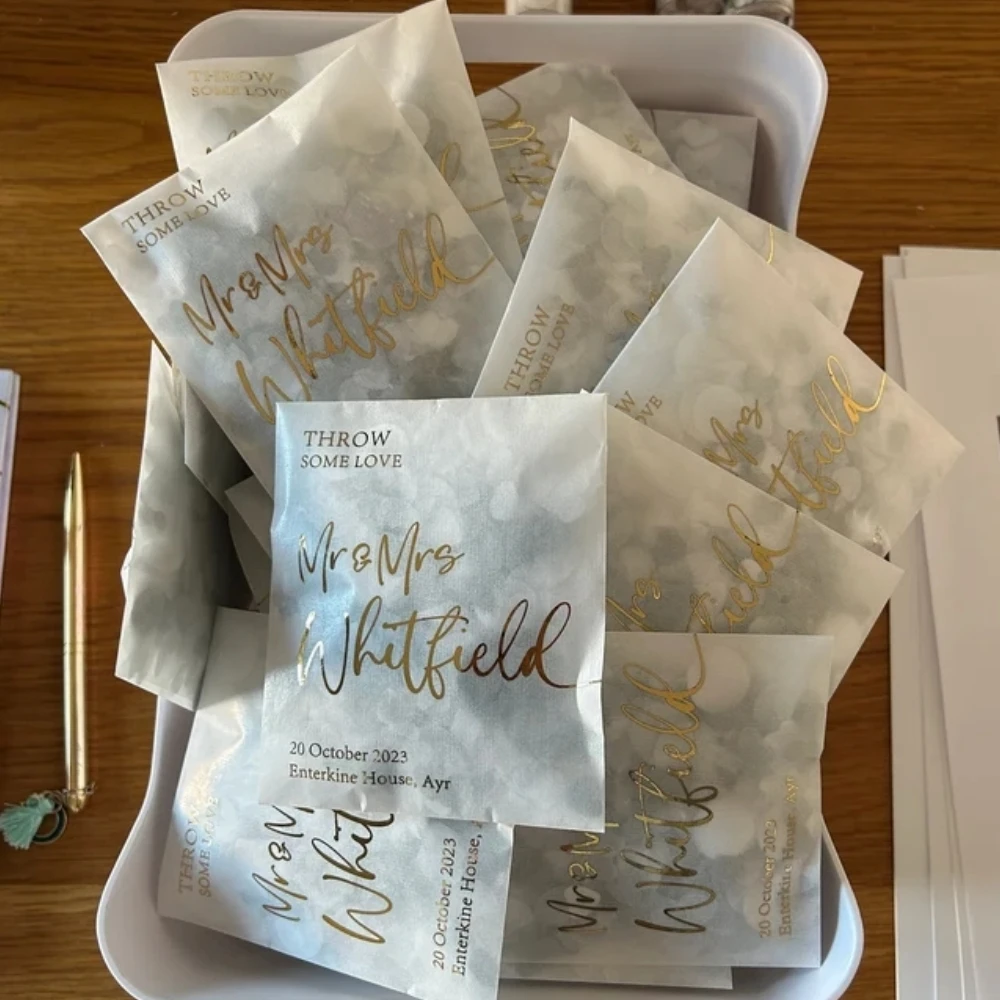 25 bags Custom Biodegradable Confetti. Printed Pre filled packets. Wedding confetti. Petal confetti.  Packets. 3 1/4 x 4 7/8 in