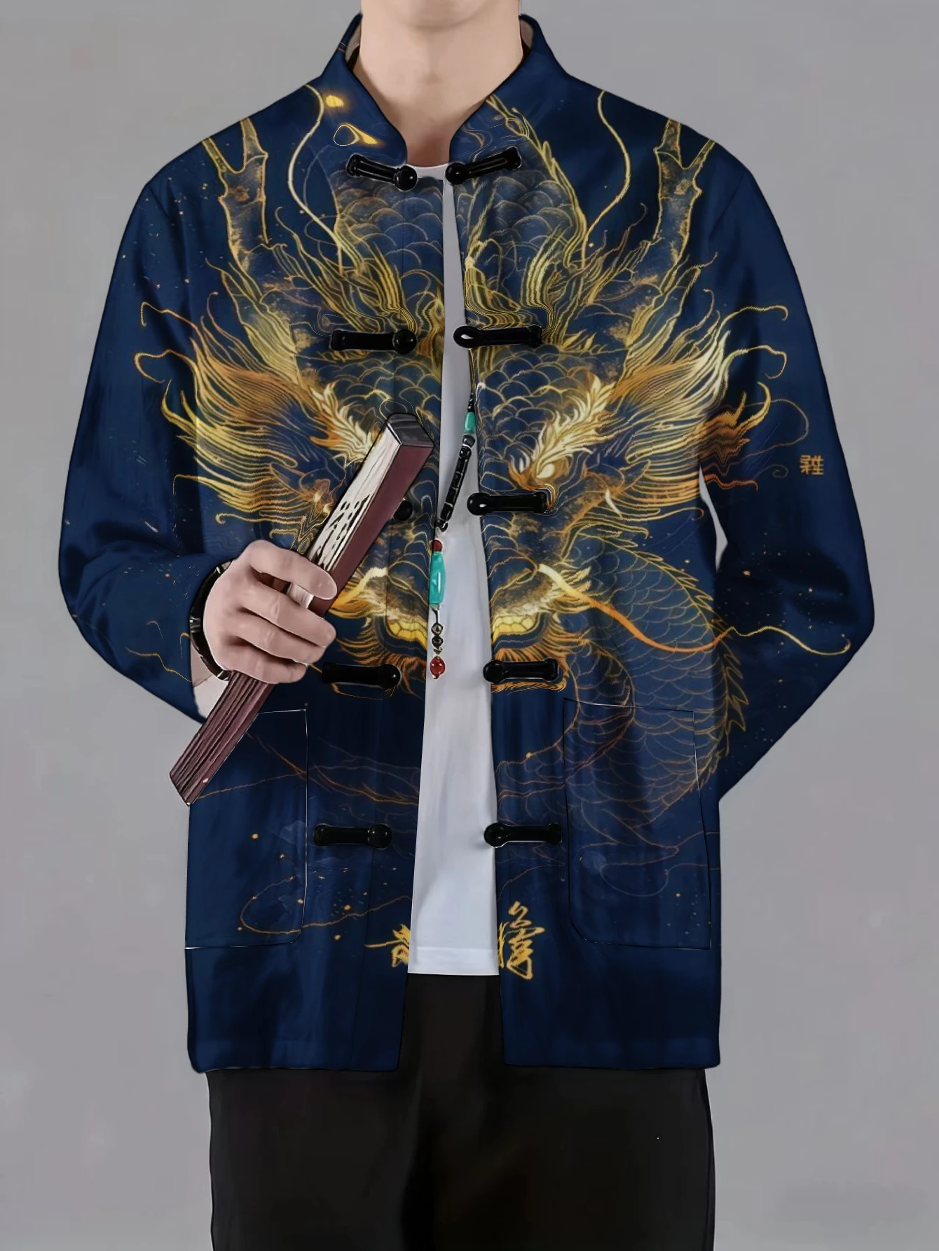 Men Mandarin Collar Frog Button Long Sleeve Jacket Golden Dragon Plum Blossom Ancient Building Oriental Art Print Traditional
