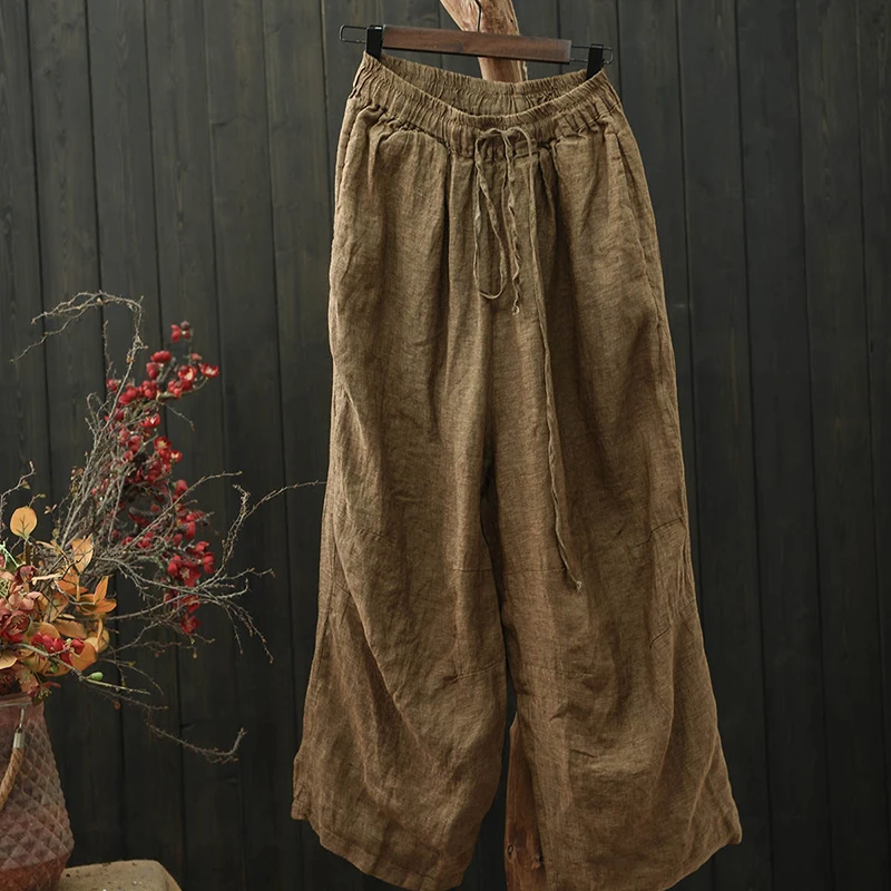 

100% Linen Women Casual Wide Leg Pants New Arrival 2026 Spring Vintage Style Solid Color Loose Comfortable Female Trousers M2263