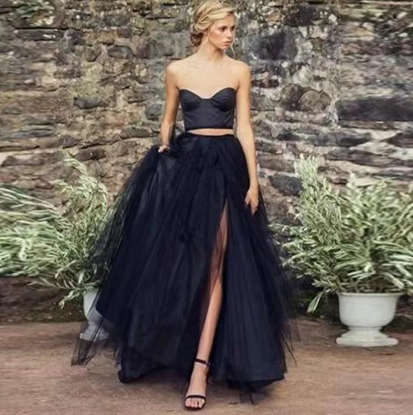 Novo personalizado novo tule preto sem alças com parte superior e inferior divisão terno alça traseira para mulher vestido de noite formal 2025