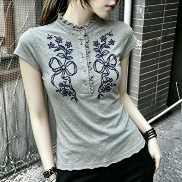 American Casual T-Shirt Vintage Light O-Neck Grey Short Sleeve T-Shirt Summer New Arrivals Slim Fit Harajuku Tops Trendy 2026