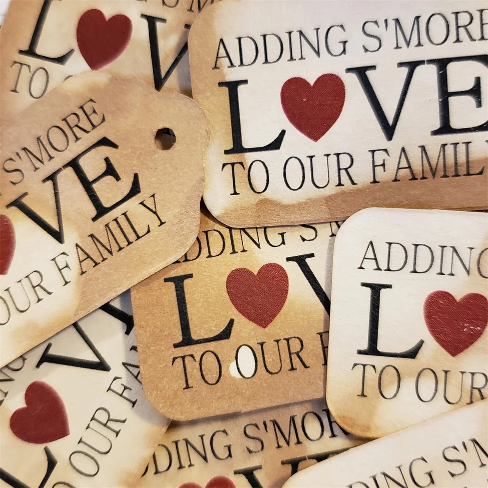 50 pezzi di aggiunta personalizzata S'More Love to our Family 50 piccole etichette per bomboniere da 2"