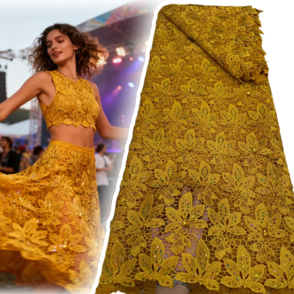 

African Nigerian 2025 High Quality Embroidery Tulle Lace Fabric Wedding Party Dress Guipure Water Soluble Sequins 5Yards 1877