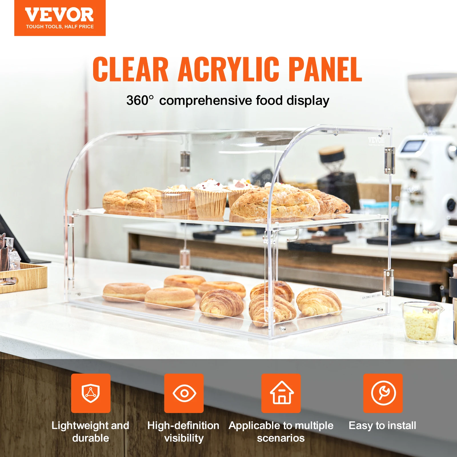 VEVOR 2/3 Tray Clear Pastry Display Case Acrylic Commercial Countertop Bakery Display Case with Front and Rear Door for Bread