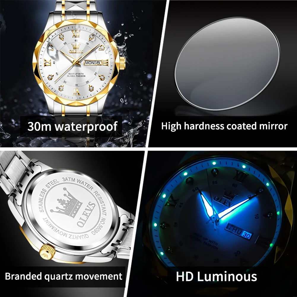 OLEVS 5609 Mens Watch Original Fashion Quartz Wristwatch Waterproof Luminous Watches For Men Dual Calendar Display Reloj Hombre