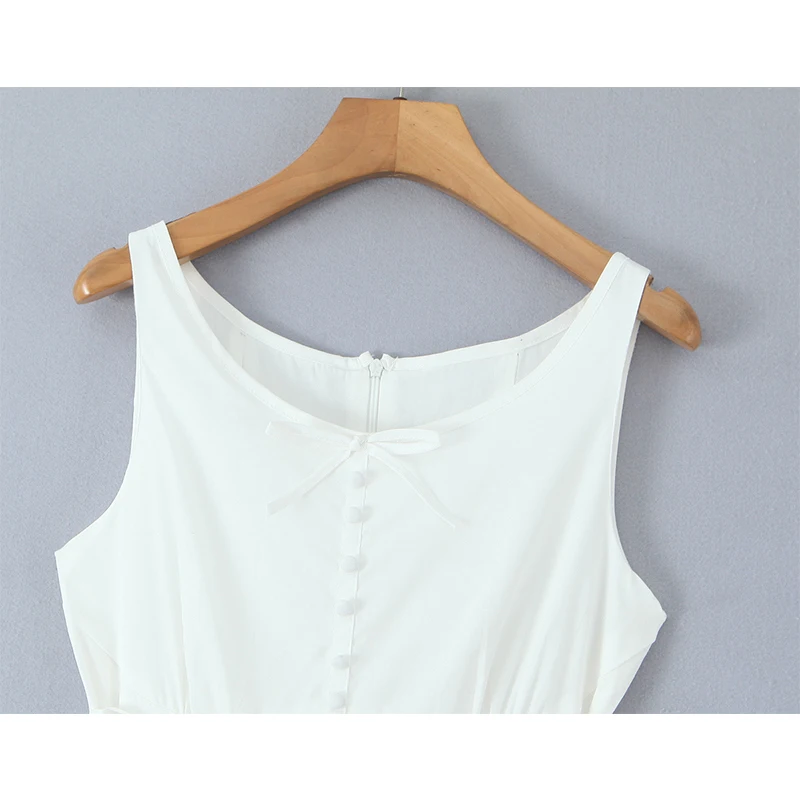 YENKYE Bohemian Style Bow O Neck White Midi Dress Women Front Lace Up Bandage Sleeveless Casual Summer Dresses Holiday Robe